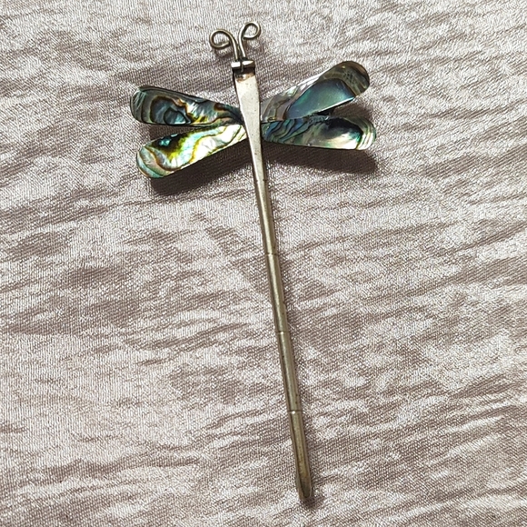 Abalone Shell Alpaca Mexico Signed Sterling Dragonfly Long Bug Vintage Brooch - Picture 8 of 10